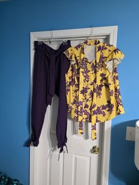 SHEIN Yellow Floral Ruffle Sleeve Blouse with Purple Print